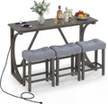 COSTWAY 4-Piece Farmhouse Bar Table Set with Power Outlet, Counter Height Dining Table Set w/ 3 Upholstered Stools, Wood Console Table Set for Kitchen, Dining Room, Living Room (Gray)
