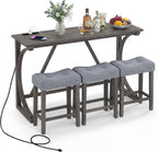 COSTWAY 4-Piece Farmhouse Bar Table Set with Power Outlet, Counter Height Dining Table Set w/ 3 Upholstered Stools, Wood Console Table Set for Kitchen, Dining Room, Living Room (Gray)