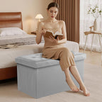 DUMOS 30 Inches Folding Ottoman with Storage Bench, Foot Rest Stool, End of Bed Storage Bench Upholstered, Load 660 lbs, for Living Room, Lychee Grain Leather, Grey