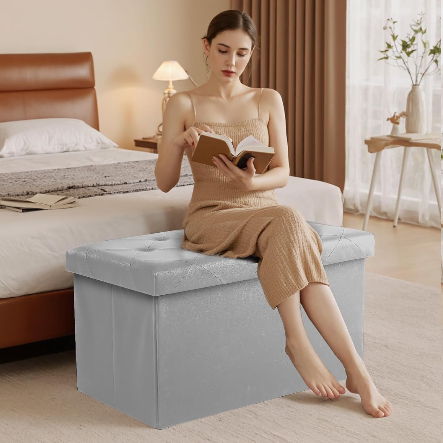 DUMOS 30 Inches Folding Ottoman with Storage Bench, Foot Rest Stool, End of Bed Storage Bench Upholstered, Load 660 lbs, for Living Room, Lychee Grain Leather, Grey
