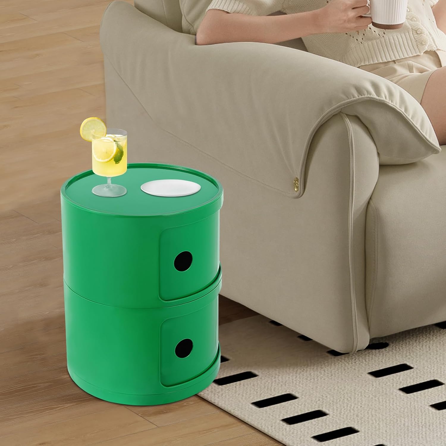 2 Tier Circular Nightstand, Circular Side Table with Storage, Round Cabinet End Table, Sliding Door Design, 88Lbs Load Capacity, Bedroom Living Room Organizer, Modern Green ABS Material, 12.5x15.7 in