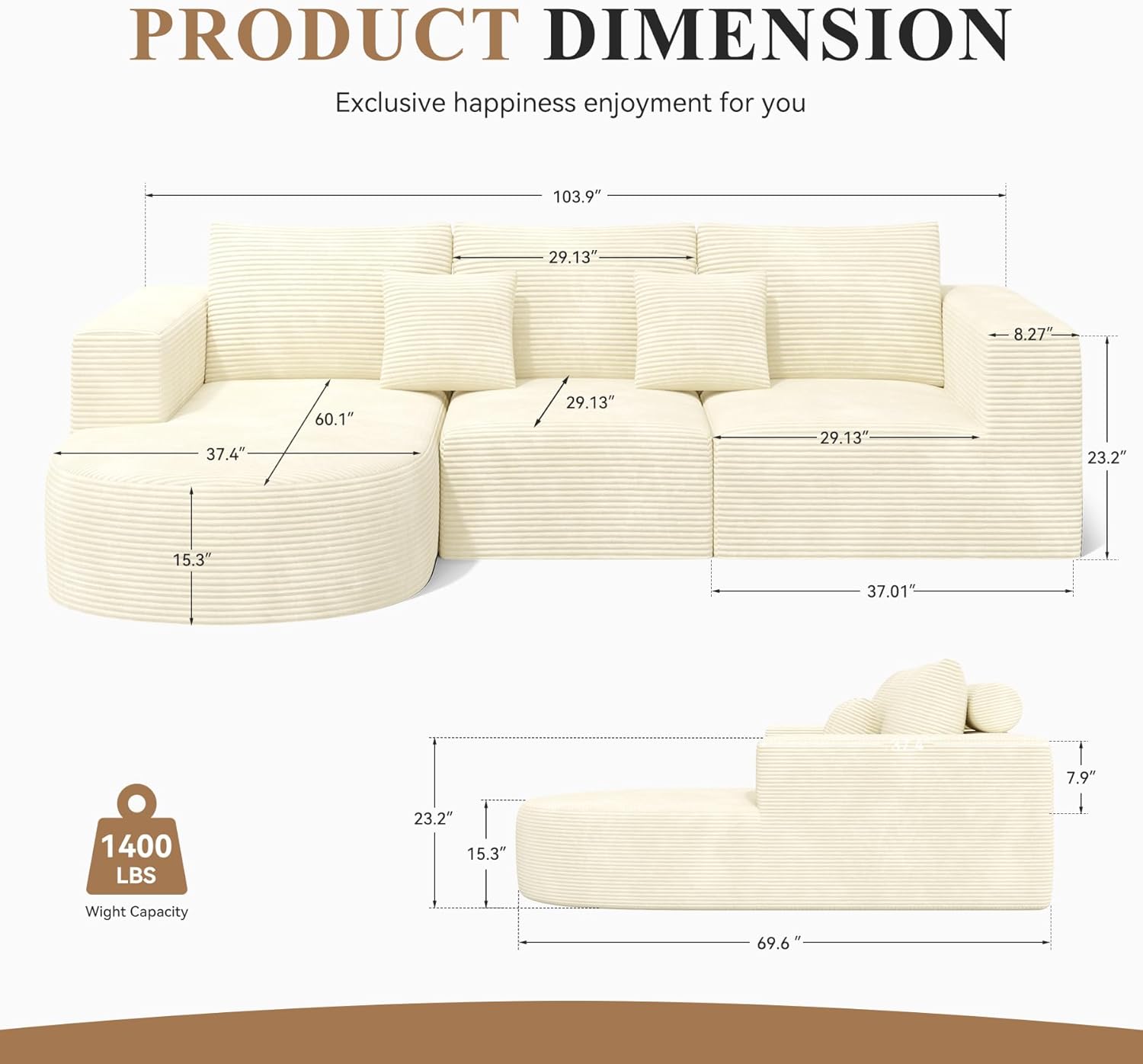 L-Shaped Boneless Couch,104" Couches for Living Room with Curved Chaise,Modular Sectional Sofa with Deep Seat,Modern Cozy Cloud Compression Sofas,No Assembly Required(Beige) 1PCS