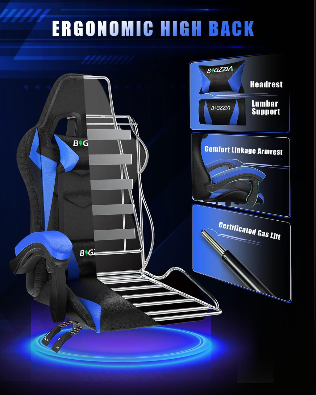 Bigzzia Gaming Chair with RGB LED Lights for Kids & Adults, High Back Ergonomic Computer Gamer Chair with Headrest and Lumbar Support, Racing Style Reclining Game Chair(Black/Blue)
