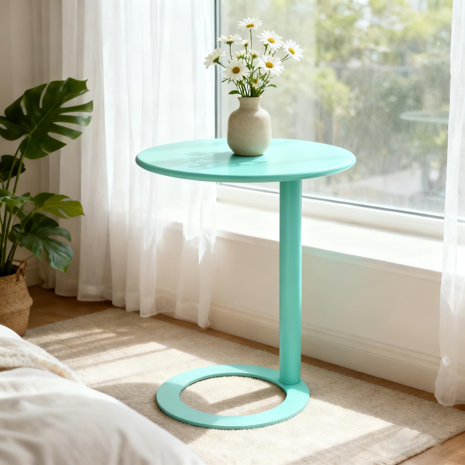 C-Shaped Round Side Table, Modern Metal End Table Laptop Tray with O-Shaped Base for Couch Living Room Bedroom Small Spaces (Blue, 18.9“x27.2”)