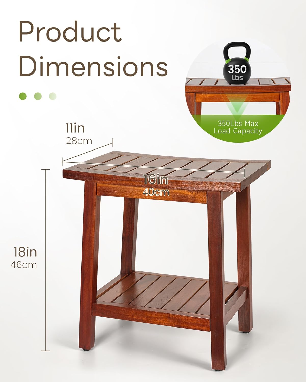 Upolana Teak Shower Bench, 16" Solid Acacia Wood Shower Stool Waterproof Shower Seat with Storage Shelf for Bathroom, Indoor & Outdoor Use