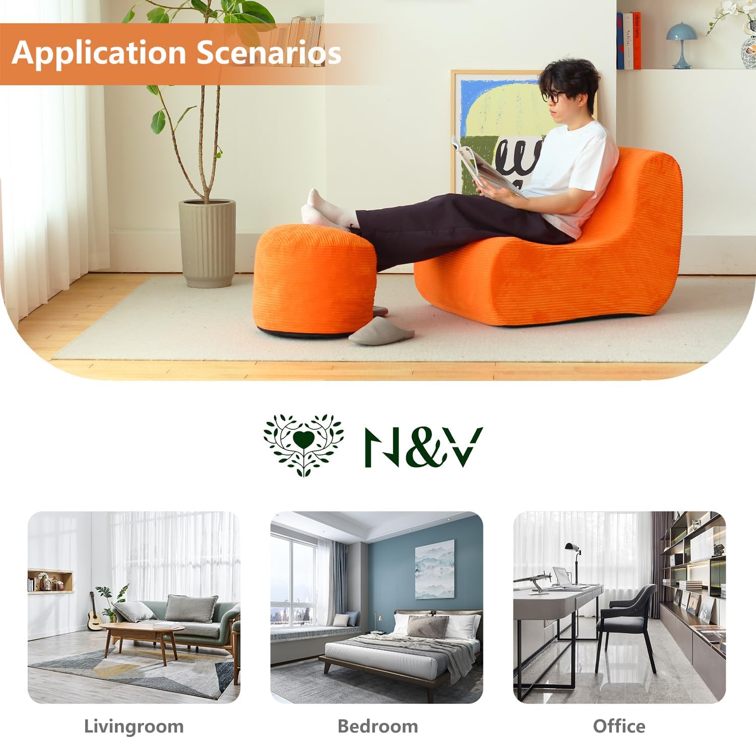 N&V Single Seated Foam Sofa, Armless Floor Sofa, One Piece High Density Foam, Removable and Machine Washable Cover, Orange