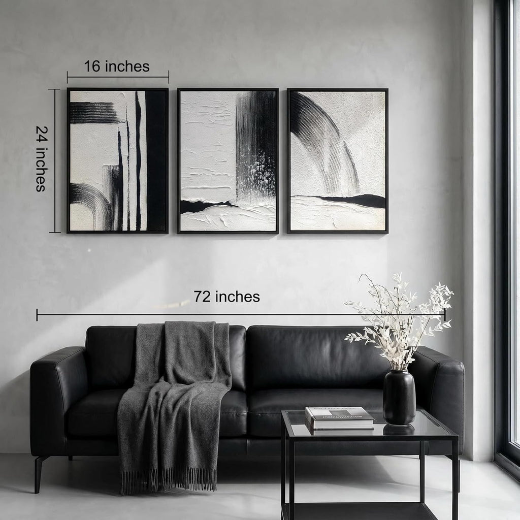 Black and White Textured Abstract Wall Art for Living Room, 3 Piece Framed Modern Artwork for Walls, Hand Painted Minimalist 3D Oil Paintings for Hallway Office Wall Decor 24x48 In