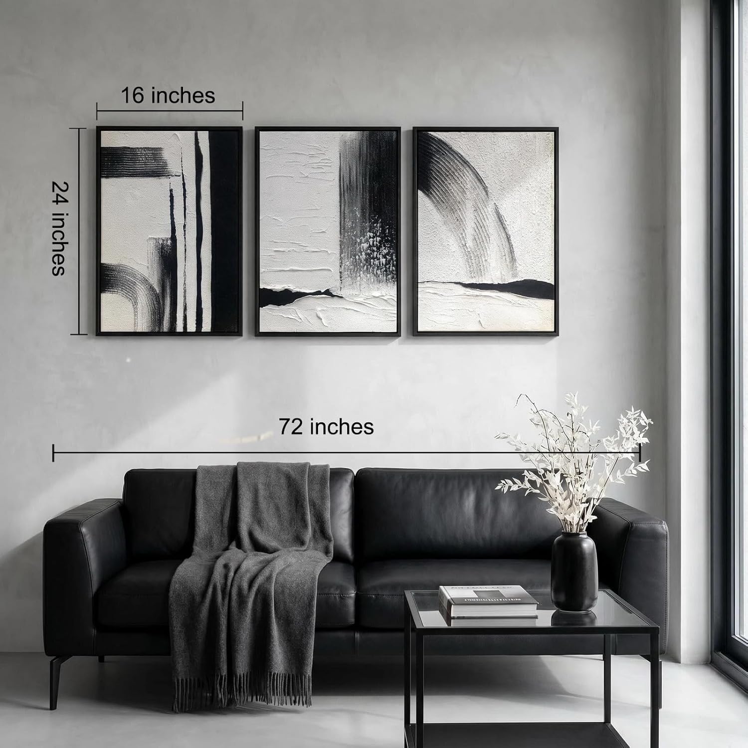 Black and White Textured Abstract Wall Art for Living Room, 3 Piece Framed Modern Artwork for Walls, Hand Painted Minimalist 3D Oil Paintings for Hallway Office Wall Decor 24x48 In