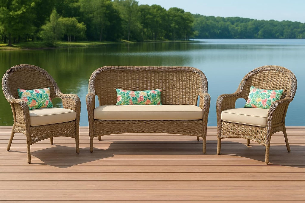 RSH DECOR: Sunbrella Play 3-Piece Foam Wicker Cushion Set | 41" x 19" & 19" x 19" | Crafted with Sunbrella Performance Fabric | Outdoor Loveseat & U-Shaped Seat Cushions | Play Chestnut Mocha