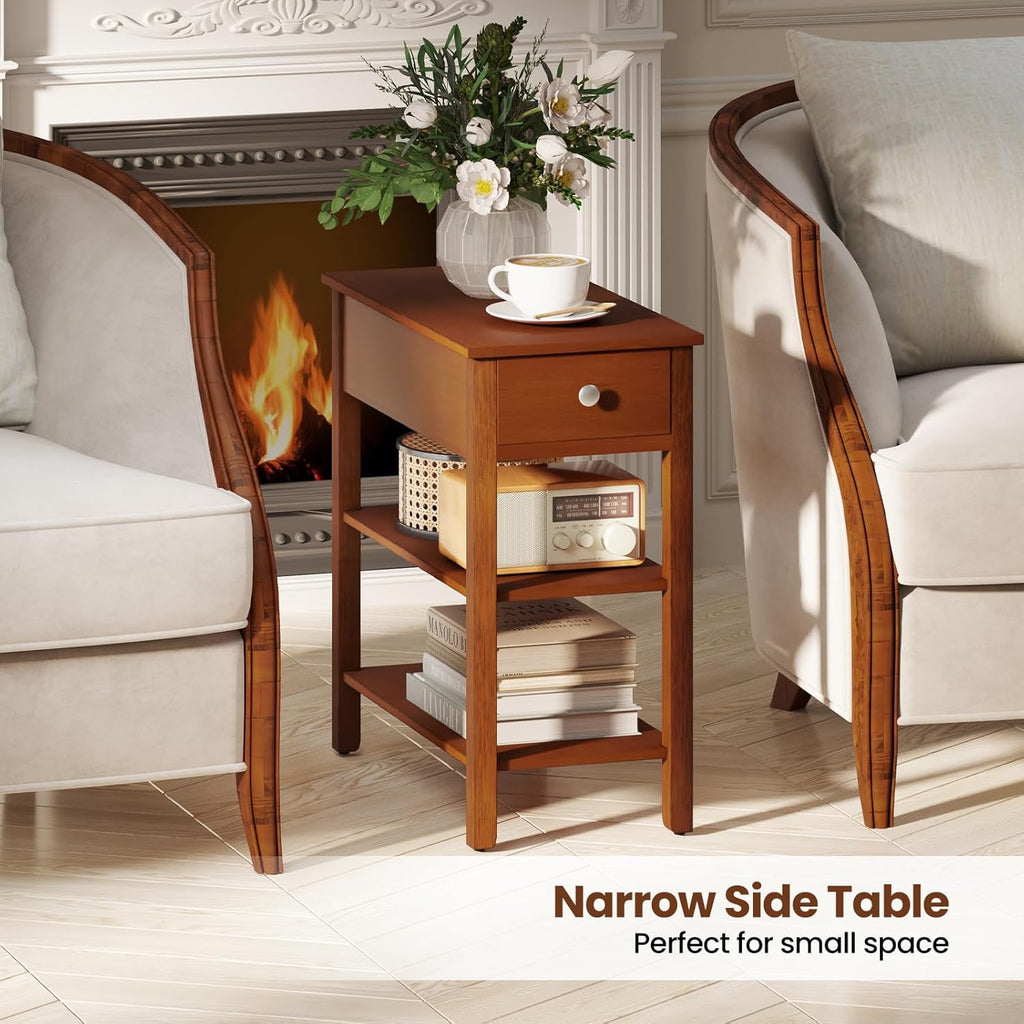 Giantex Narrow End Table Set of 2, Farmhouse Side Tables with Drawer & Storage Shelves, Wood Sofa Side Tables, 3-Tier Nightstands for Small Space, Living Room, Bedroom, 23.5"L x 12"W x 24.5"H, Brown