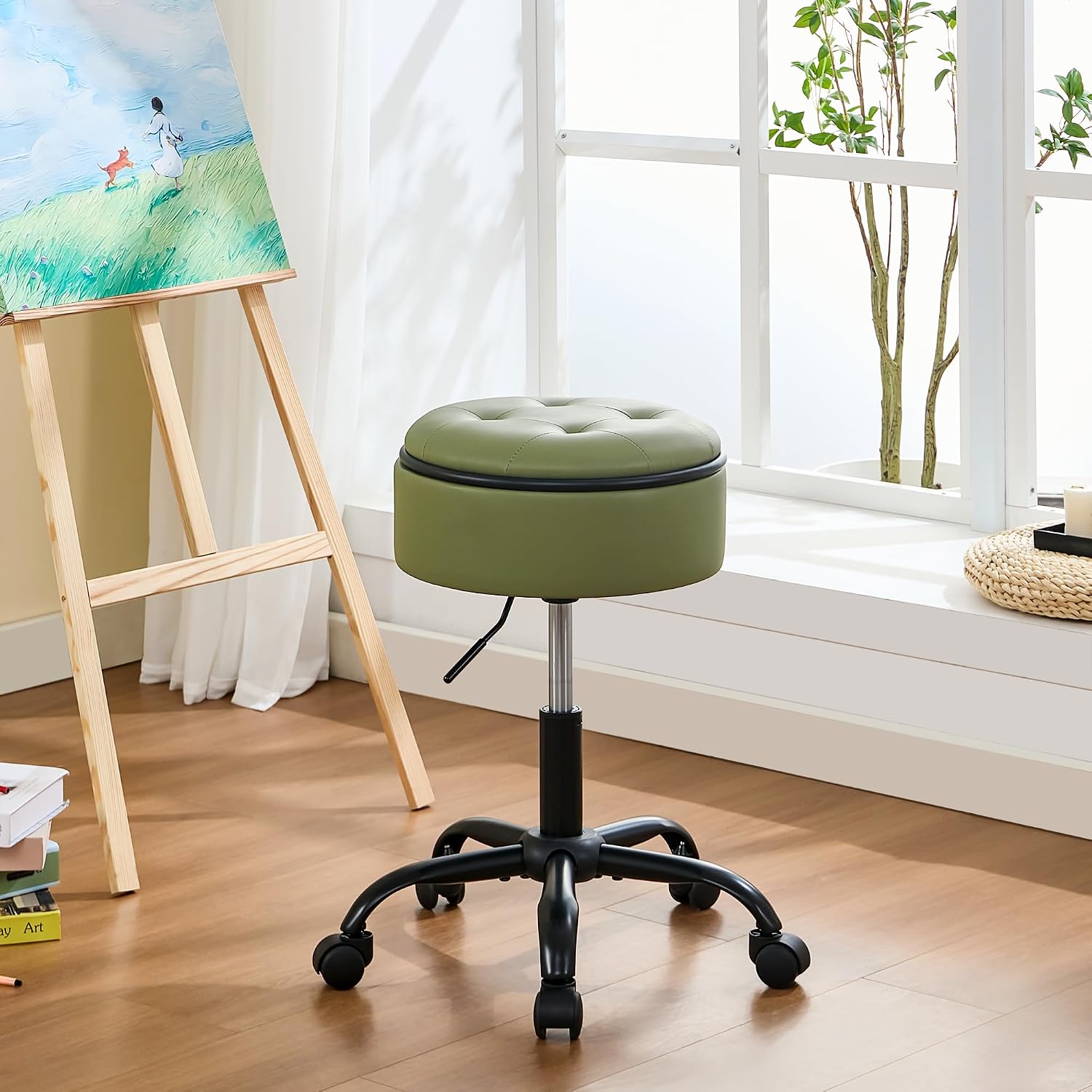FIRAVOE Rolling Stools with Wheels (Chair & Small Table in One) (Adjustable Height Barber Chair 20.67"-24.61"), Green Ergonomic Stool with Storage