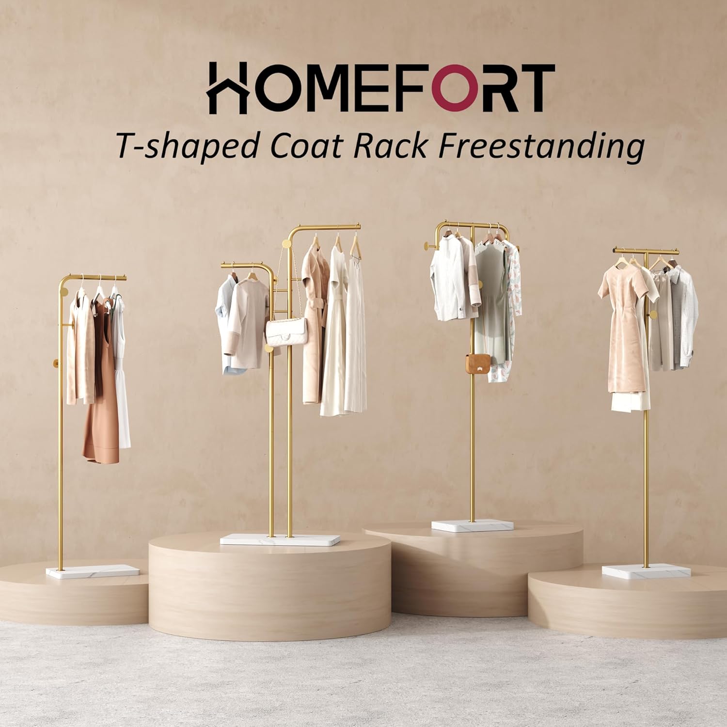 HOMEFORT Coat Rack, Freestanding Metal Coat Racks, T-Shape Clothes Hat Stand with 2 Hooks for Closet, Bedroom, Entryway, Living Room, Gold