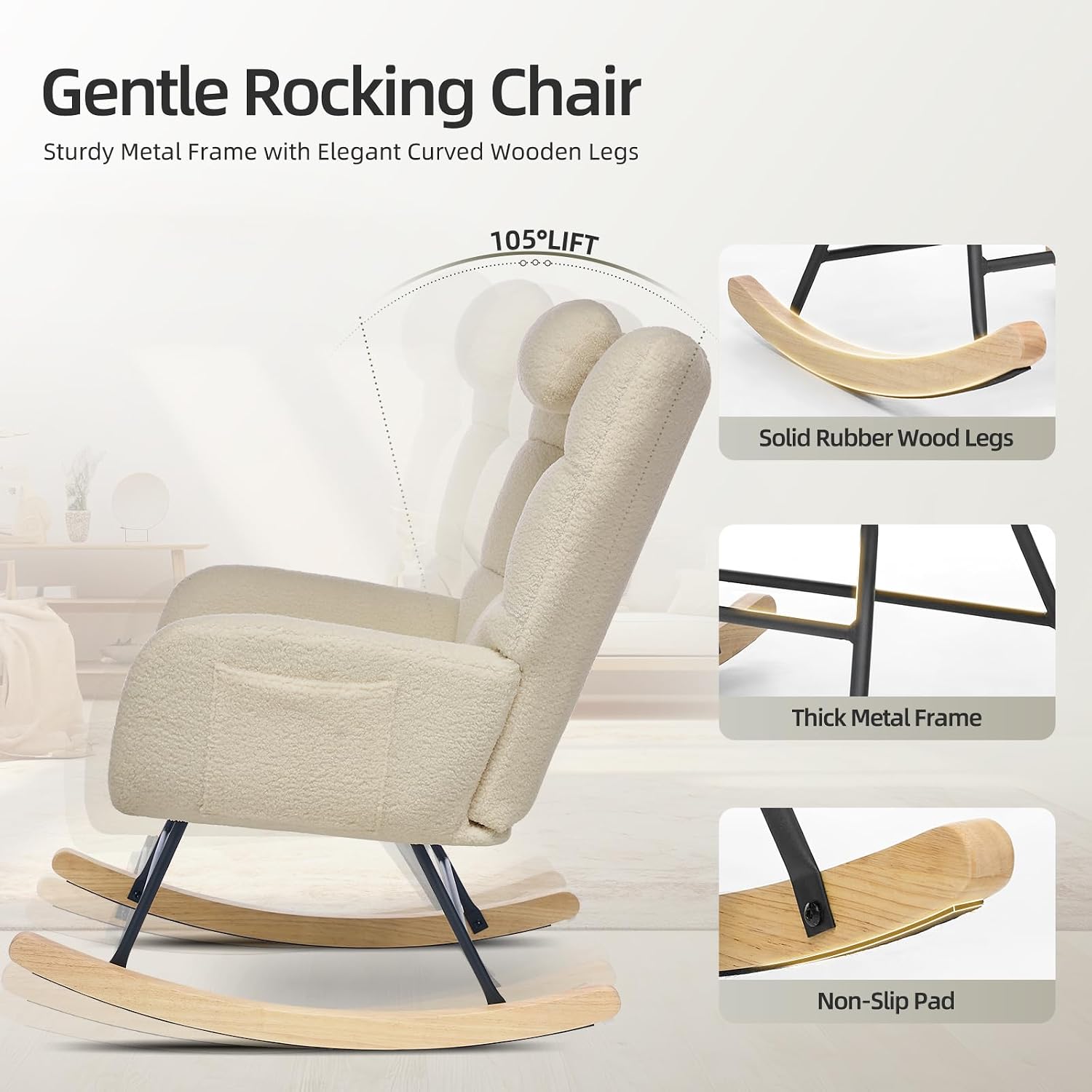 Garvee Nursery Rocking Chair with Ottoman, Teddy Upholstered Glider Rocking Chair with High Backrest, Armchair Reading Chair for Adults, Nursery, Bedroom, Living Room, Office, Beige with Ottoman