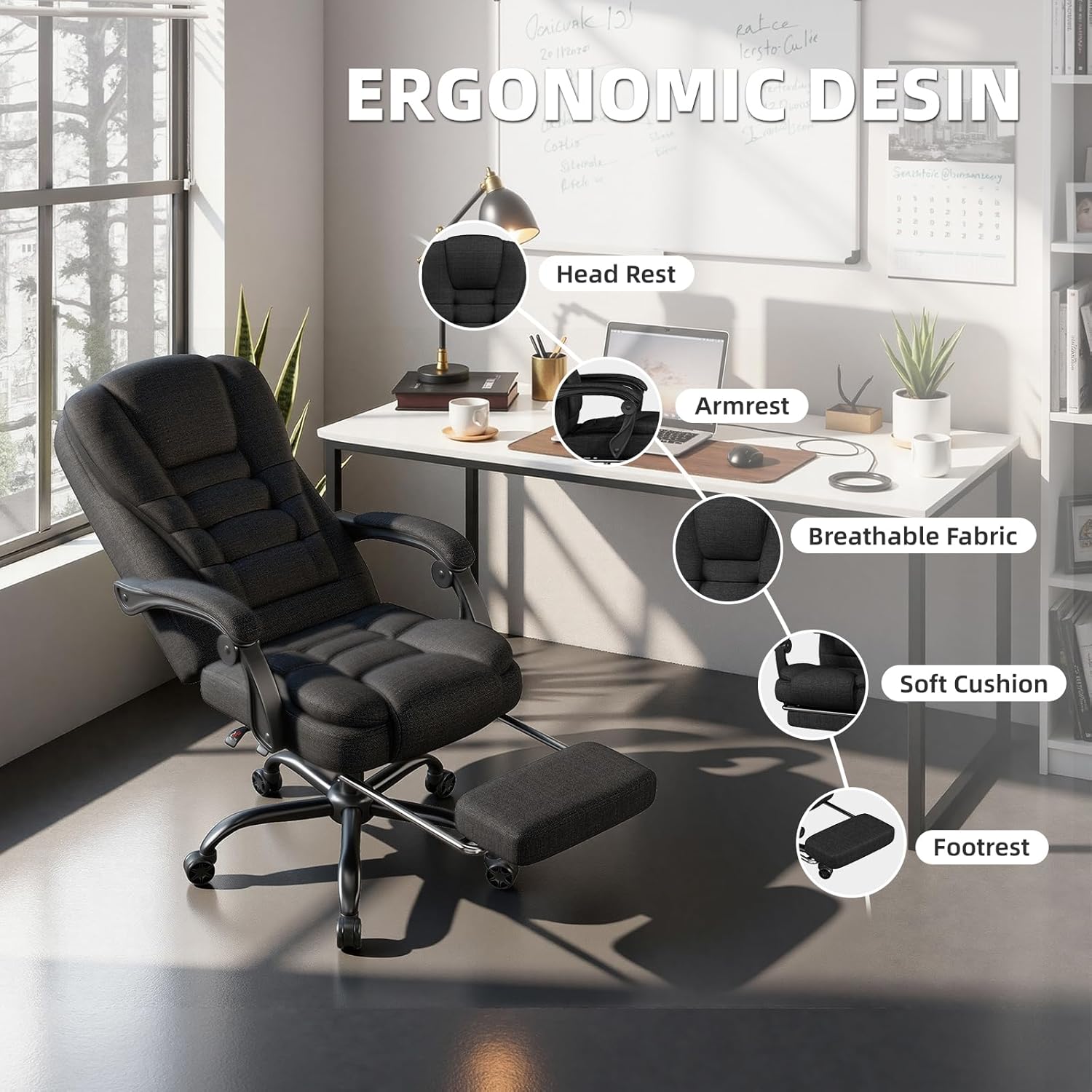 Office Chair, Fabric Gaming Chair with Footrest, Executive Comfortable Computer Desk Chairs, 360° Swivel Base & Height Adjustable Reclining Ergonomic Task Chair for Adults, Gamer Chair & Silla Gamer