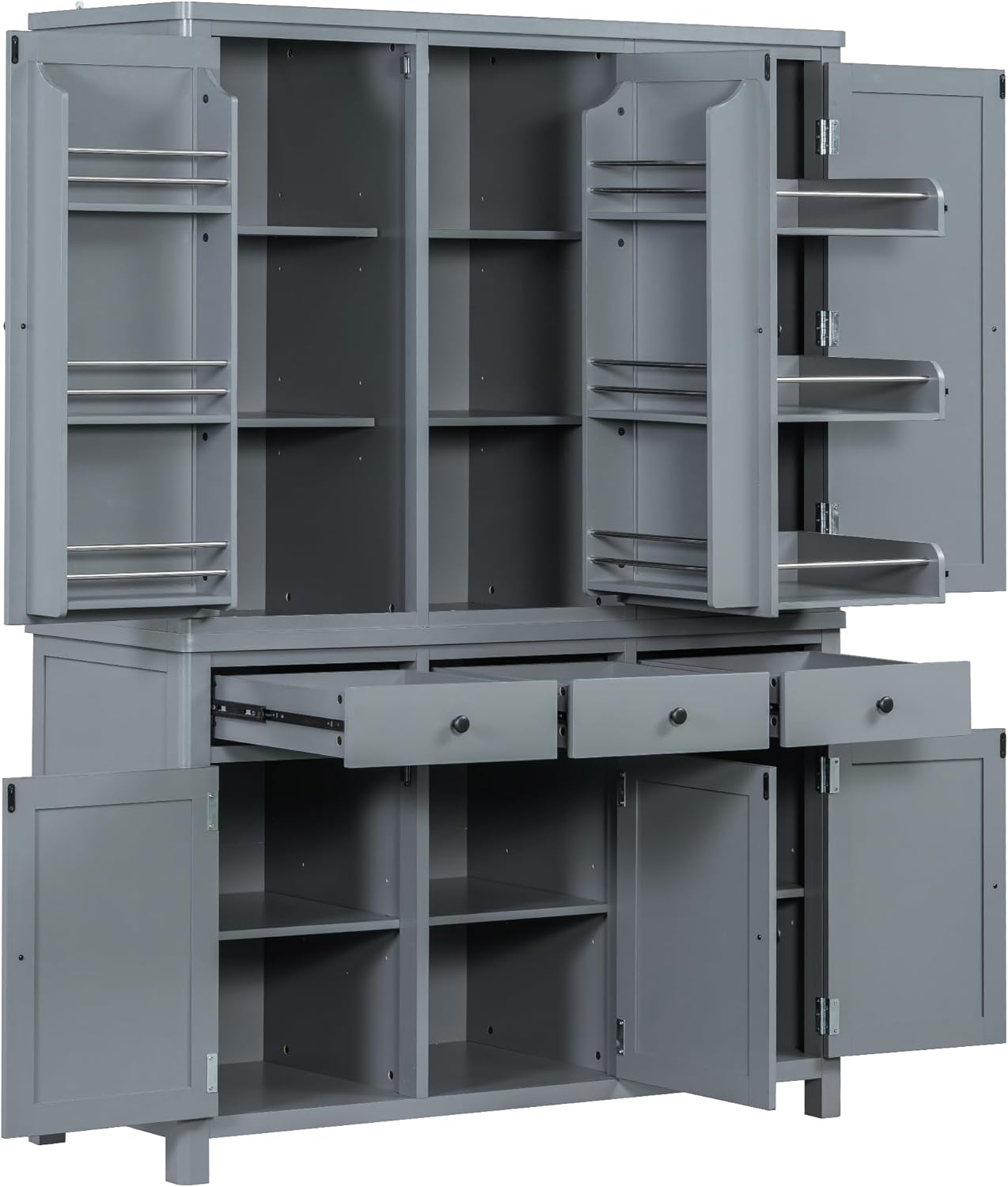 Merax 74.8'' Tall Kitchen Pantry Storage Cabinet with 6 Doors, 3 Drawers and Adjustable Shelves, Freestanding Large Cupboard & Pull-Out Trays for Kitchen, Dining Room, Living Room, Gray