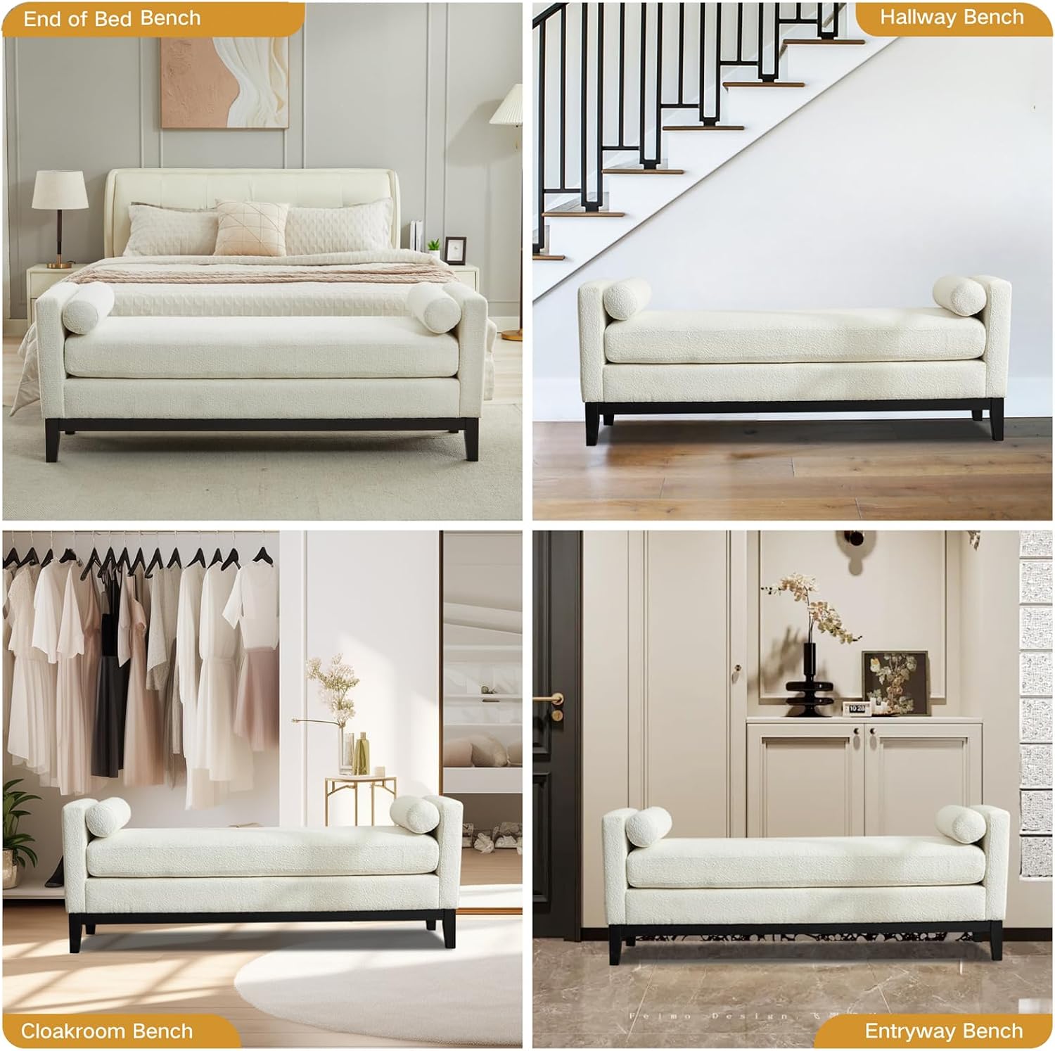 End of Bed Bench for Bedroom, 66.34'' Boucle Fabric Long King Size Bench with Black Legs for Entryway, Hallway, Cloakroom, Window Bench (White).