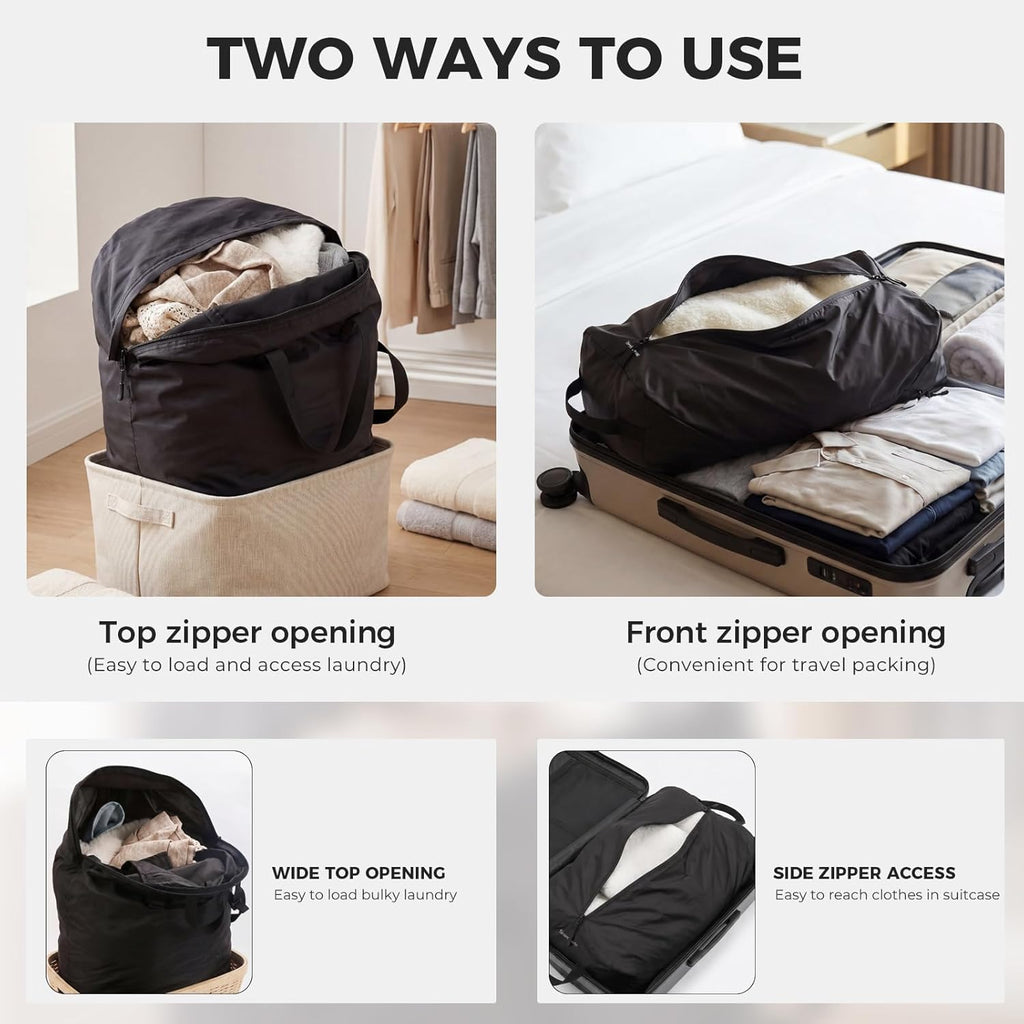 Travel Laundry Bag, Foldable Dirty Clothes Bag with Dual Zipper Opening, 40L Reusable Waterproof Laundry Bag, Large Capacity Travel Bag for Wet or Dirty Clothes for Travel, Camping & Storage (Black)