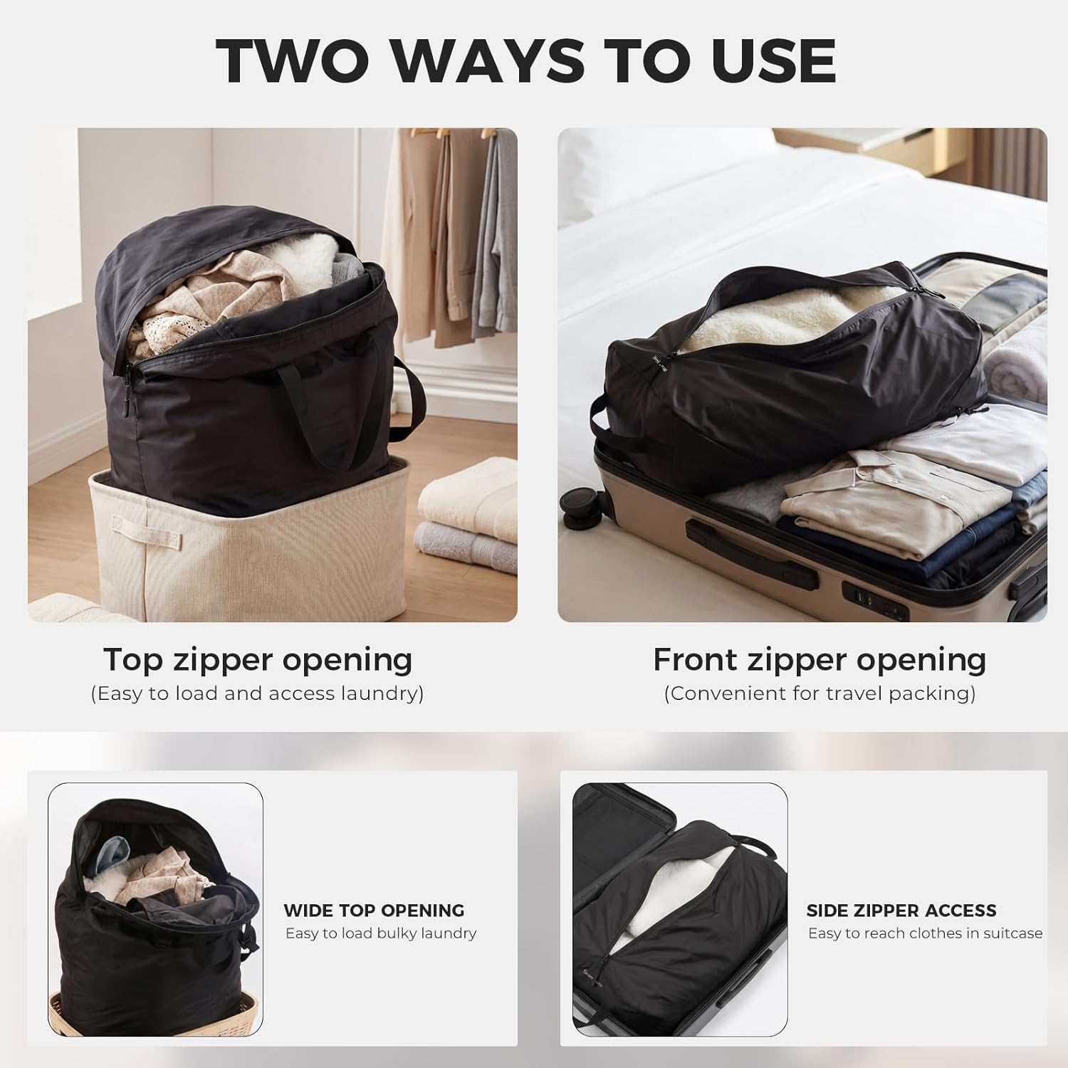 Travel Laundry Bag, Foldable Dirty Clothes Bag with Dual Zipper Opening, 40L Reusable Waterproof Laundry Bag, Large Capacity Travel Bag for Wet or Dirty Clothes for Travel, Camping & Storage (Black)