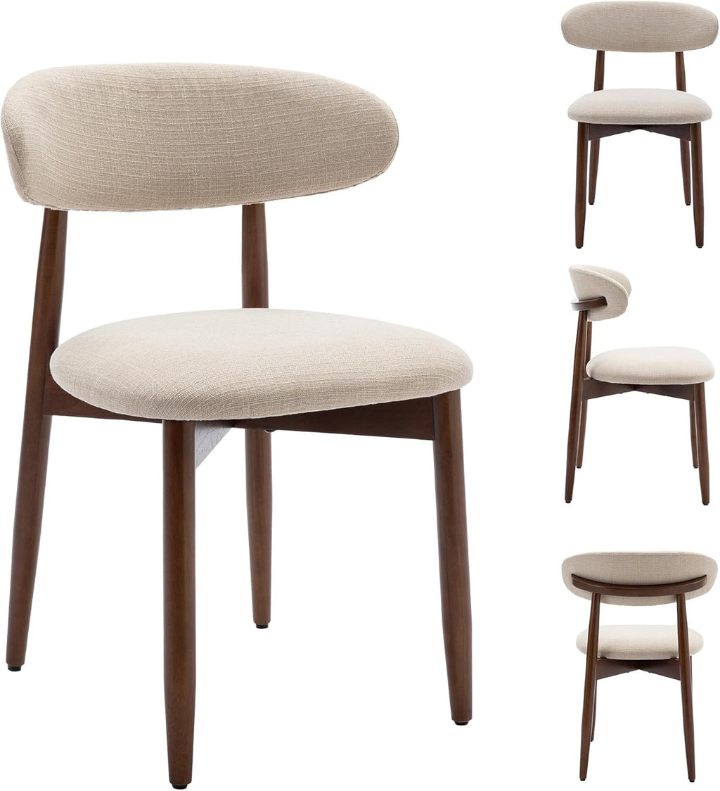 COLAMY Mid-Century Modern Wooden Dining Chair Set of 6, Indoor Upholstered Kitchen Chairs with 2.6" Cozy Padded Seat, Walnut Finish Side Dining Chair for Dining Room & Kitchen, Beige