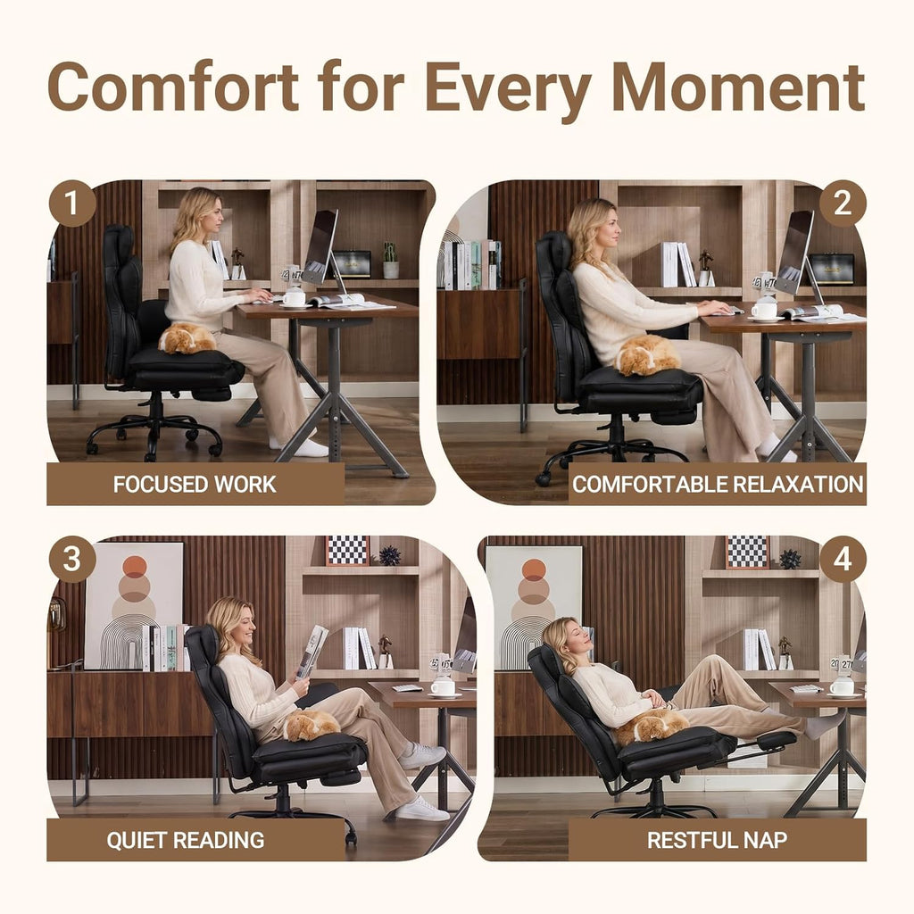 Big and Tall Office Chair with Flip Armrests for Pets and Cross Legged Sitting, Reclining Ergonomic Computer Desk Chair with Foot Rest, Wide Seat PU Leather Executive Chair, 135° Recline Silent Wheels