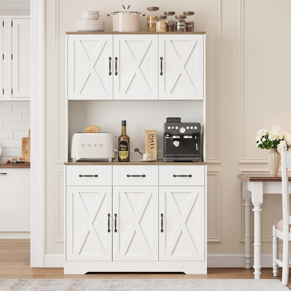 71'' Tall Kitchen Pantry Storage Cabinet with Charging Station, Farmhouse Pantry Cabinet with 3 Drawers & 4 Cabinets, Wide Kitchen Hutch with Countertop for Dining Room, White