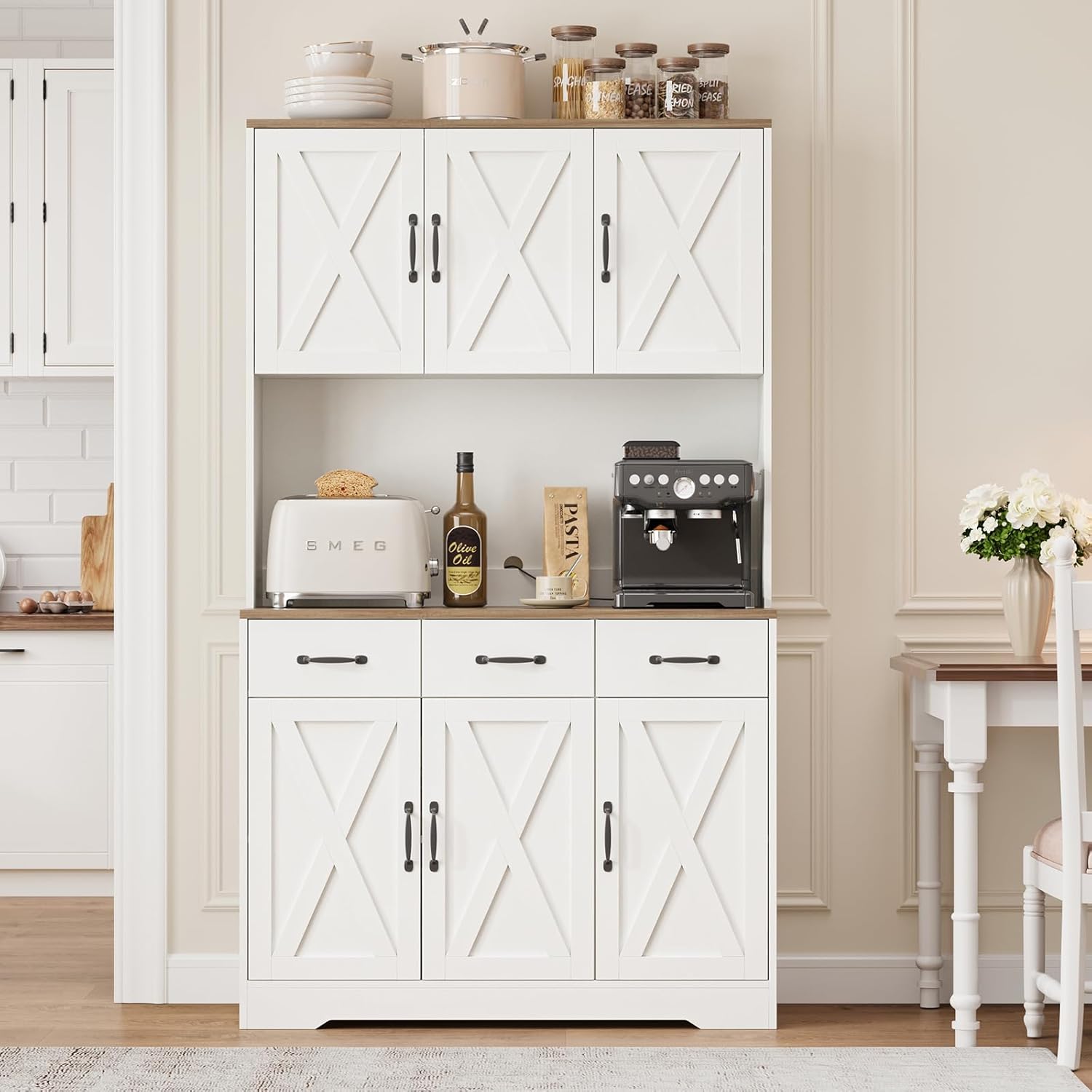 71'' Tall Kitchen Pantry Storage Cabinet with Charging Station, Farmhouse Pantry Cabinet with 3 Drawers & 4 Cabinets, Wide Kitchen Hutch with Countertop for Dining Room, White