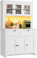 GarveeHome 66" Tall Pantry Cabinet with Power Outlet & LED Light, Kitchen Pantry Storage Cabinets with Countertop, Large Kitchen Hutch with Storage Drawers & Water Ripple Acrylic Panel Cabinet Door