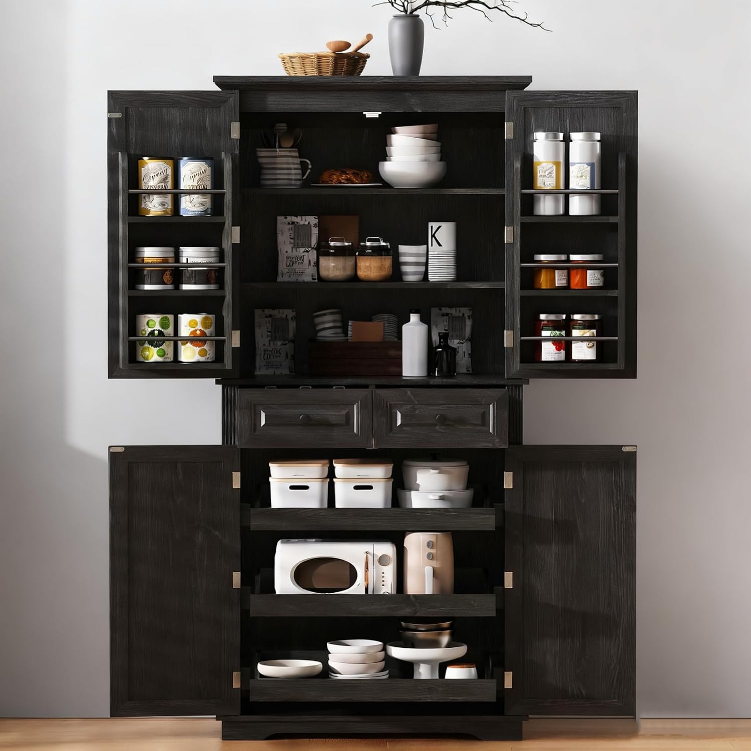 71.2" Tall Kitchen Pantry Cabinet, Farmhouse Wood Pantry with 4 Doors and 2 Drawers Freestanding Cupboard Storage Organizers for Home Kitchen Dining Room, Black