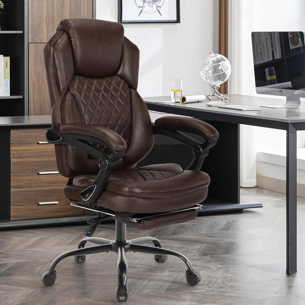 400lbs Ergonomic Reclining Office Chair with Footrest, Plus Size Big Tall Leather Recliner Office Desk Chairs with Foot Leg Rest, Brown
