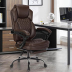 400lbs Ergonomic Reclining Office Chair with Footrest, Plus Size Big Tall Leather Recliner Office Desk Chairs with Foot Leg Rest, Brown
