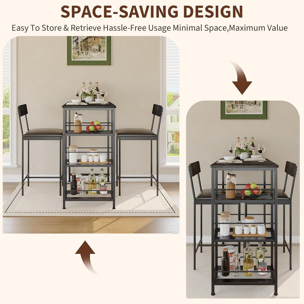GarveeLife Dining Table Set for 2, Counter Height Bar Table Set with Storage ＆ Stools, High Top Pub Table and Chairs for Kitchen, Dining Room, Sofa Side, Apartment, Breakfast Nook