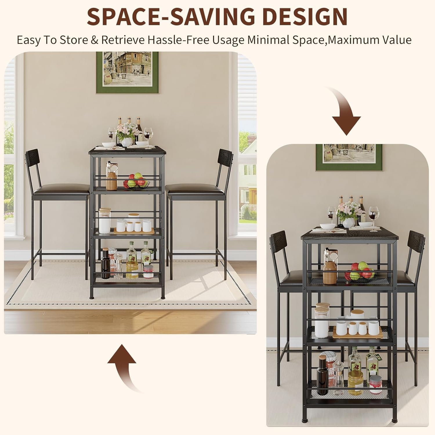 GarveeLife Dining Table Set for 2, Counter Height Bar Table Set with Storage ＆ Stools, High Top Pub Table and Chairs for Kitchen, Dining Room, Sofa Side, Apartment, Breakfast Nook