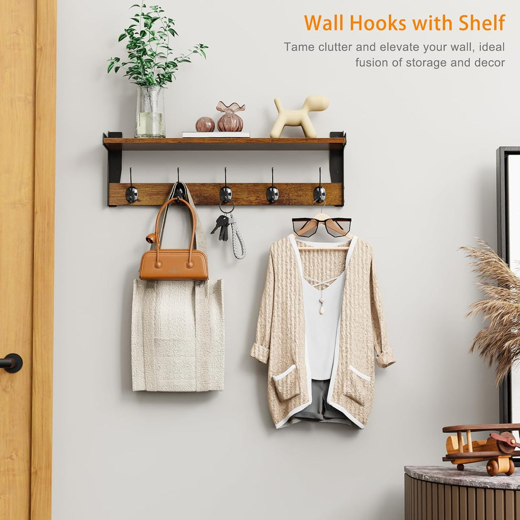 Coat Rack with Wall Mount, 23 Inch Long Entryway Wall Shelf with Hooks, Wood Hanger with Storage Shelf for Bathroom, Hallway, Rustic Brown