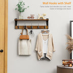 Coat Rack with Wall Mount, 23 Inch Long Entryway Wall Shelf with Hooks, Wood Hanger with Storage Shelf for Bathroom, Hallway, Rustic Brown