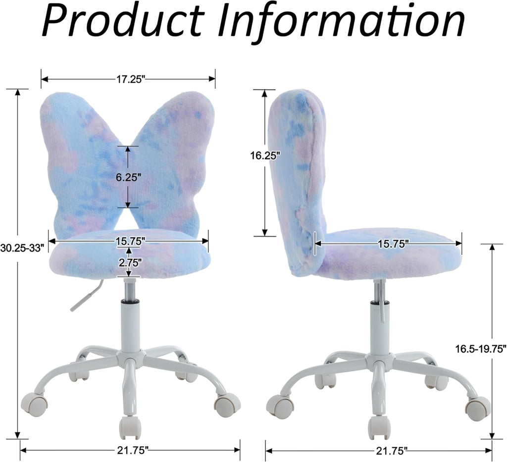 Butterfly Kids Desk & Chair - Adjustable, Swivel, Furry, Blue - Home, Bedroom, School, Dorm