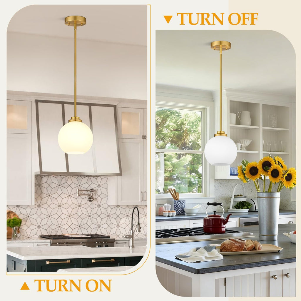2 Pack Gold Globe Pendant Lights, Mid Century Gold Pendant Light Fixtures, Globe Pendant Lights Kitchen Island with Milk Glass Shade Adjustable Hanging Fixture for Dining Room (Bulbs not Included)