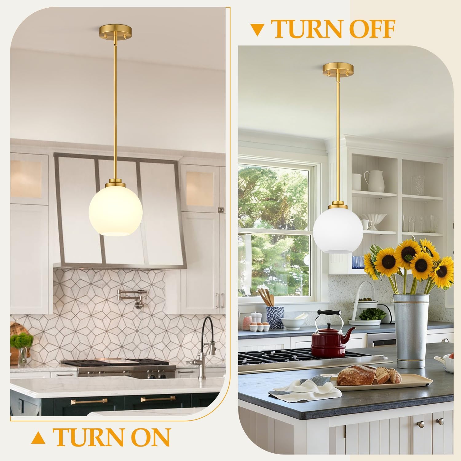 2 Pack Gold Globe Pendant Lights, Mid Century Gold Pendant Light Fixtures, Globe Pendant Lights Kitchen Island with Milk Glass Shade Adjustable Hanging Fixture for Dining Room (Bulbs not Included)