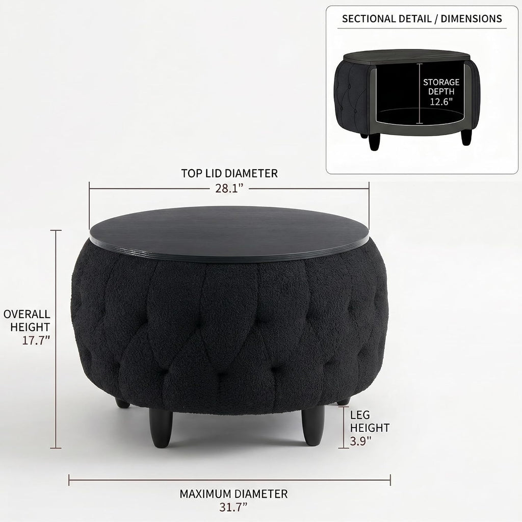 Large Round Storage Ottoman Coffee Table with Wooden Tabletop, 32 Inches Teddy Fleece Tufted Ottoman for Living Room, Bedroom, Apartments (Black)