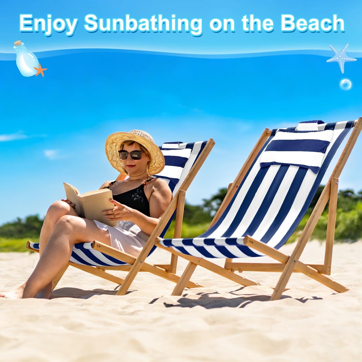 Beach Sling Chair Replacement Canvas, 16x44.5 Inch Folding Lounge Chair Fabric with Pillow for Beach/Sunbathing/Courtyard/Garden [Striped Dark Blue, Only Replacement]