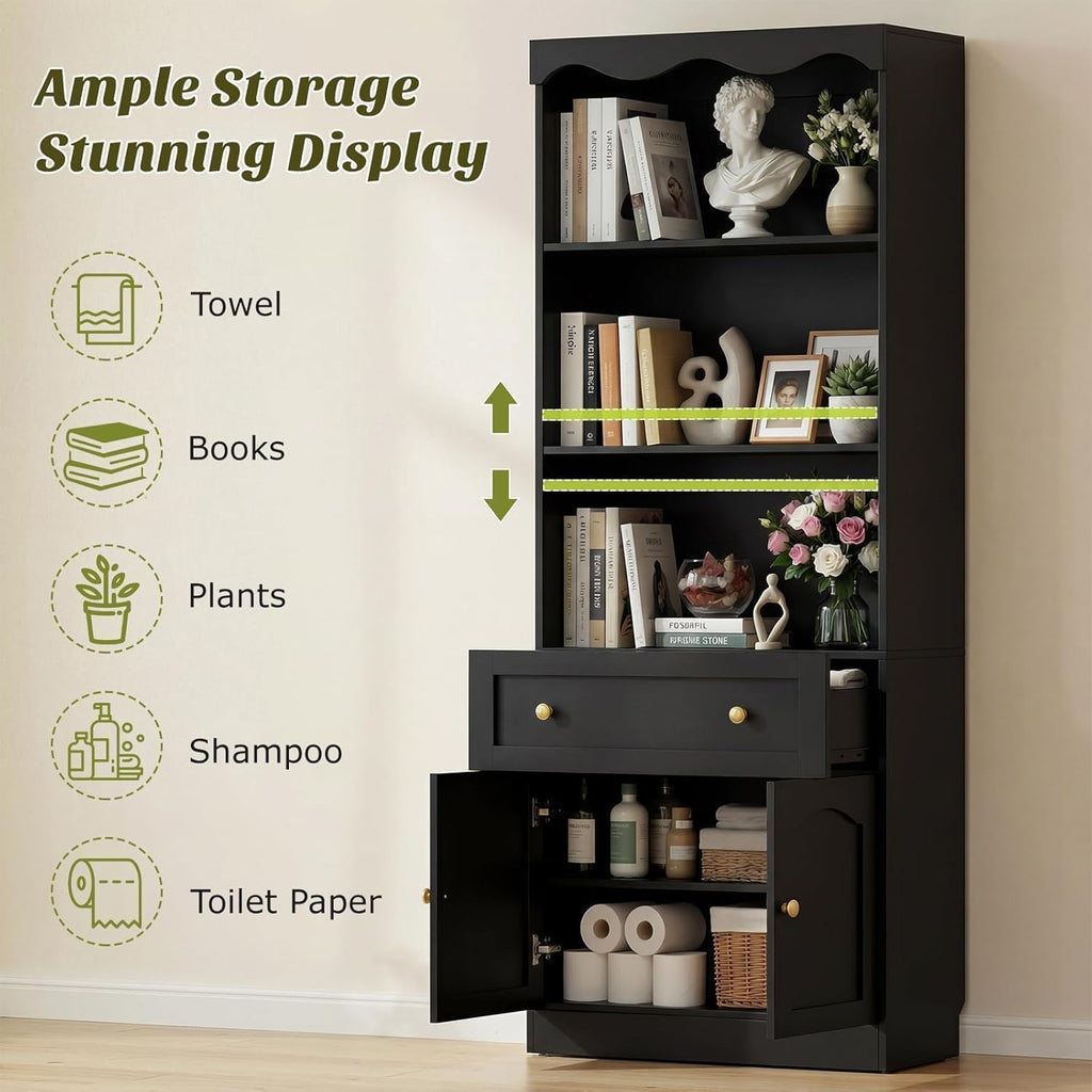 Cyclysio 80" Tall Pantry Cabinet with 3-Tier Open Shelves, Black Kitchen Pantry Storage Cabinet with Drawer, Kitchen Organizer with Built-in Baseboard Notch for Kitchen, Living Room, Bathroom