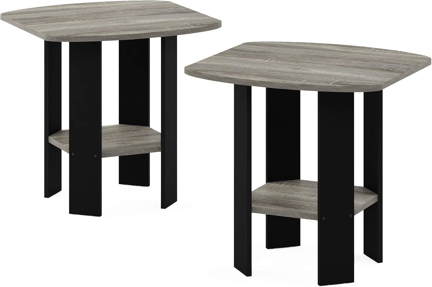 Furinno Simple Side Table Set of 2, 2-Tier Grey End Table with Soft Edges, Open Shelf Night Stand, Bedside Table, for Living Room, Bedroom, Grey Oak