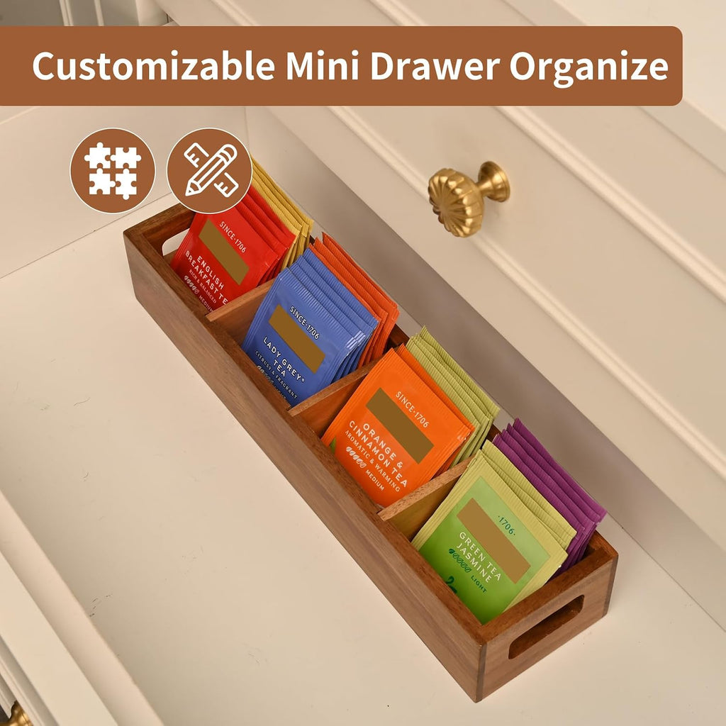 Acacia Wood Tea Bag Organizer with 4 Slots – Tea Bag Holder and Tea Organizer, Sugar Packet Storage for Countertops, Set of two