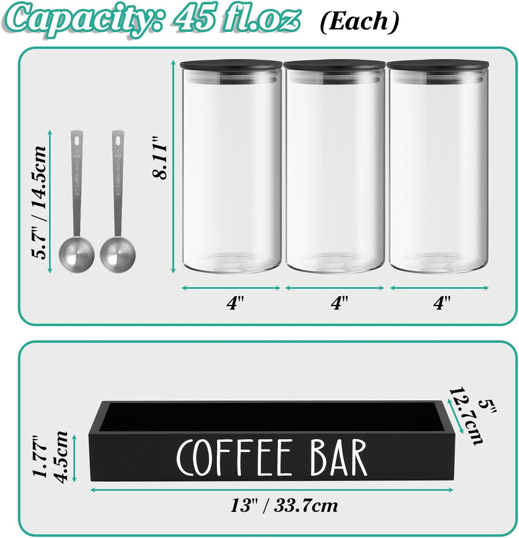 Glass Coffee Canister for Ground Coffee - 3Pcs 45oz Coffee and Sugar Container Set with Airtight Bamboo Lids and Black Tray - Farmhouse Coffee Bean Storage Jars for Coffee Bar Decor and Accessories
