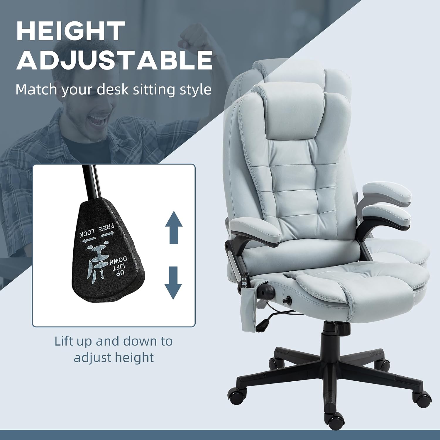 Vinsetto 6 Point Vibrating Massage Office Chair with Heat, Microfiber High Back Executive Office Chair with Reclining Backrest, Padded Armrests and Remote, Light Gray