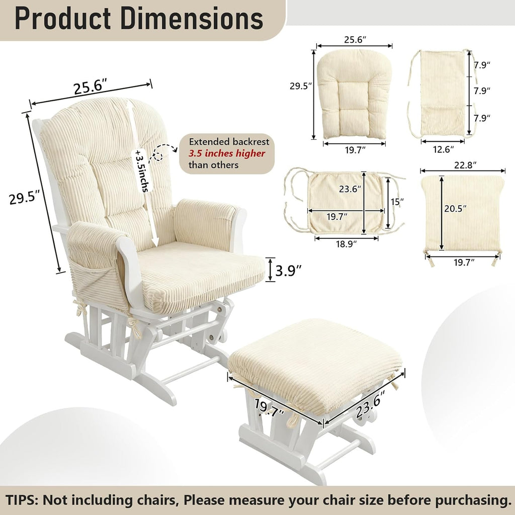 Boshen 5PCS Glider Rocker Replacement Cushions with Storage Side Pockets, Thickened 3.5IN Seat & Supportive Striped Plush Rocking Chair Cushion Set with Ottoman Cover for Indoor Nursery, Beige
