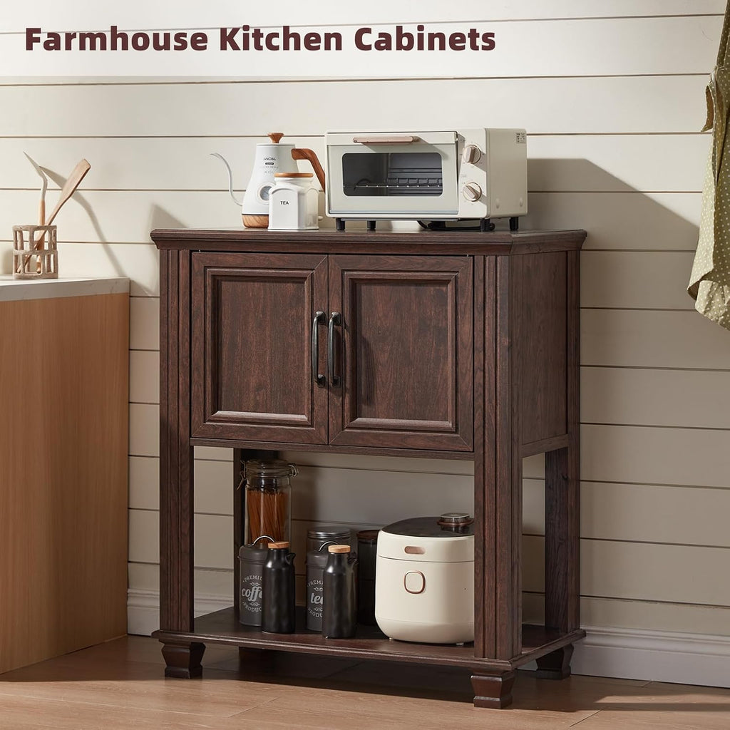 SAVOR LIFE Farmhouse Coffee Bar Table with 2-Door Cabinet, Kitchen Storage Cabinets with Open Shelf, Coffee Station for Dining Room, Kitchen, Hallway, Living Room, Walnut