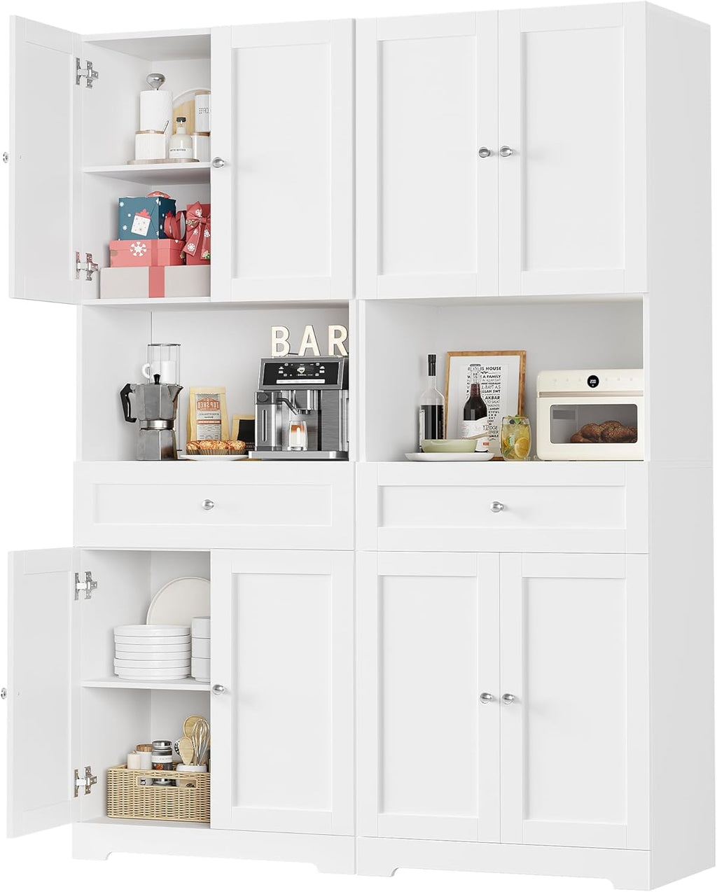 HIFIT 2 Pcs Tall Kitchen Pantry Cabinet, Large Kitchen Hutch Storage Cabinet with Doors & Wide Shelves, 67" Tall Modern Coffee Bar Cabinets with Drawers Cupboard Set for Home Dining Living Room, White