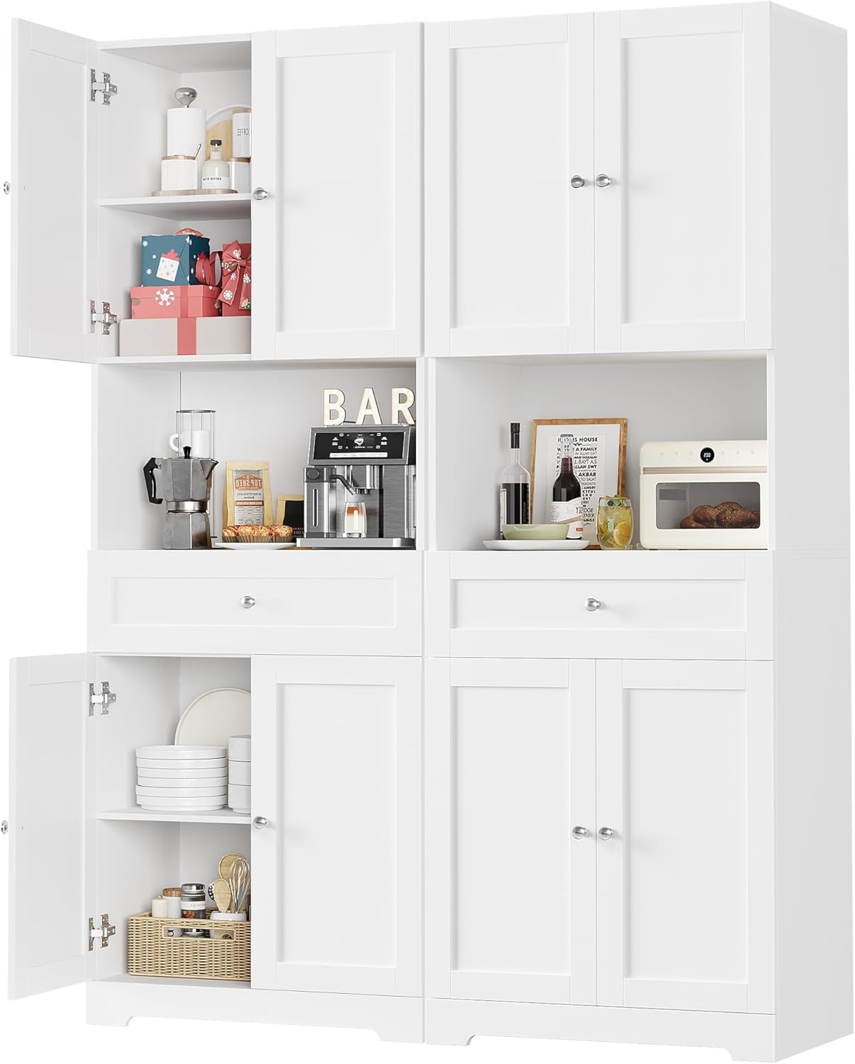 HIFIT 2 Pcs Tall Kitchen Pantry Cabinet, Large Kitchen Hutch Storage Cabinet with Doors & Wide Shelves, 67" Tall Modern Coffee Bar Cabinets with Drawers Cupboard Set for Home Dining Living Room, White