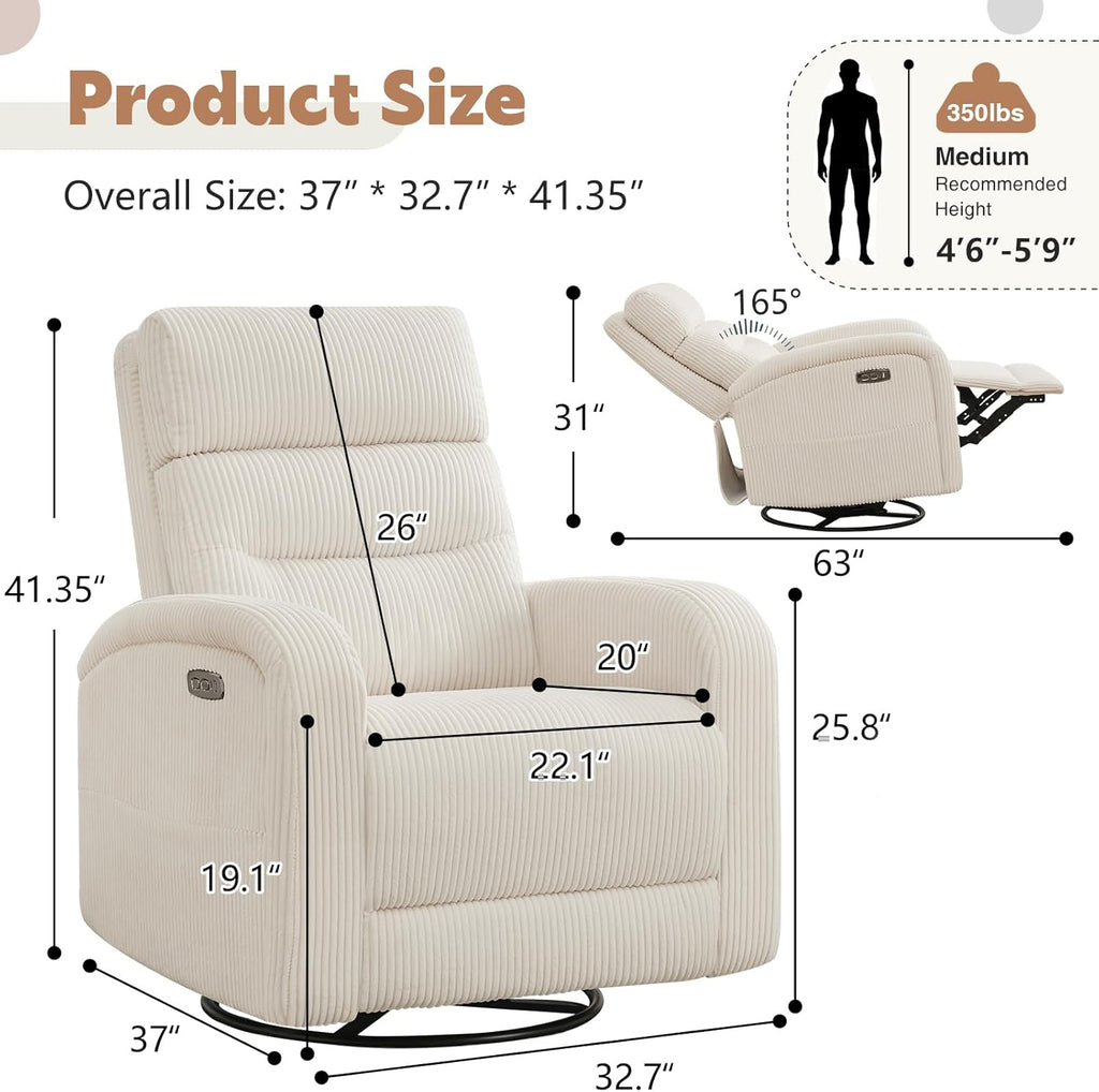 Power Swivel Rocker Recliner, Upholstered Glider Recliner Nursery Chair with Type-C & USB Port, Swivel Rocking Nursery Recliners with Double Pockets for Living Room Bedroom, Corduroy Cream White