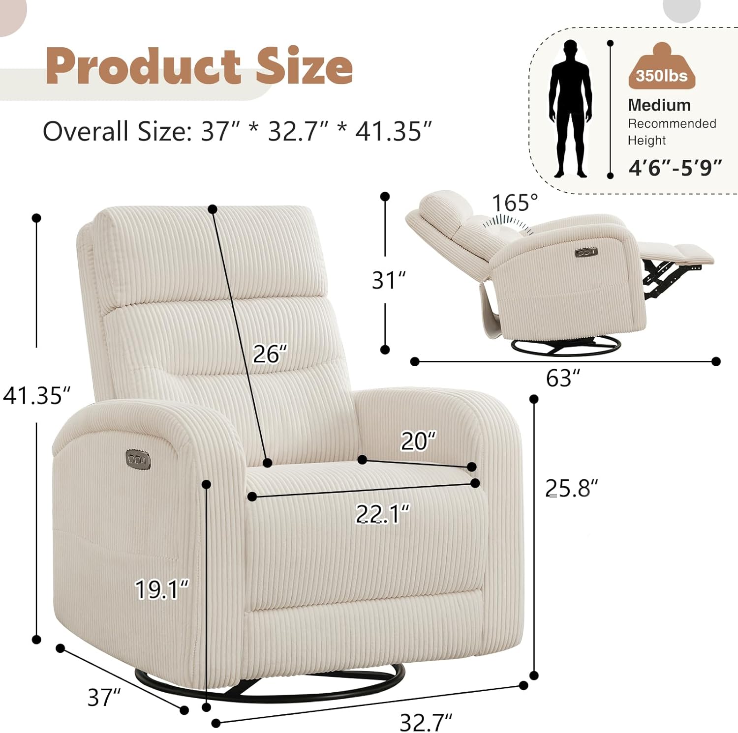 Power Swivel Rocker Recliner, Upholstered Glider Recliner Nursery Chair with Type-C & USB Port, Swivel Rocking Nursery Recliners with Double Pockets for Living Room Bedroom, Corduroy Cream White